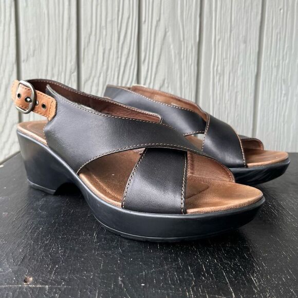 Dansko Jacinda Black Leather Wedge Sandals Size 40 Slingback Comfort - Picture 8 of 11
